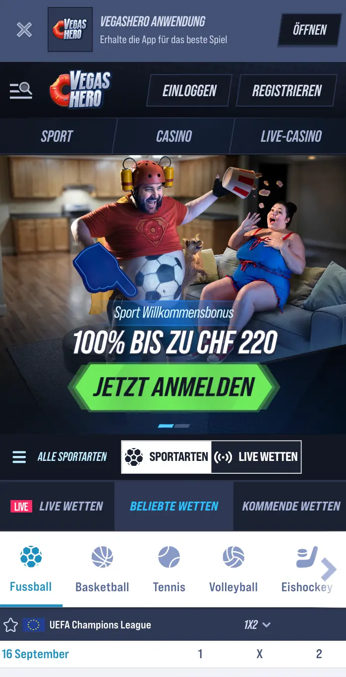 VegasHero Casino – Mobile Sportbonus Übersicht VegasHero mobile Startseite mit Sportbonus Anzeige
